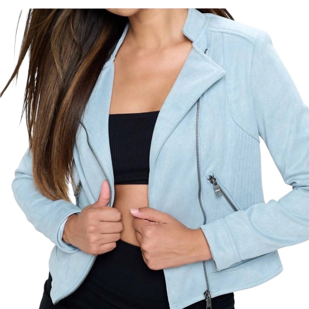 Coalition LA Vegan Suede Moto Jacket Light Blue Quilted